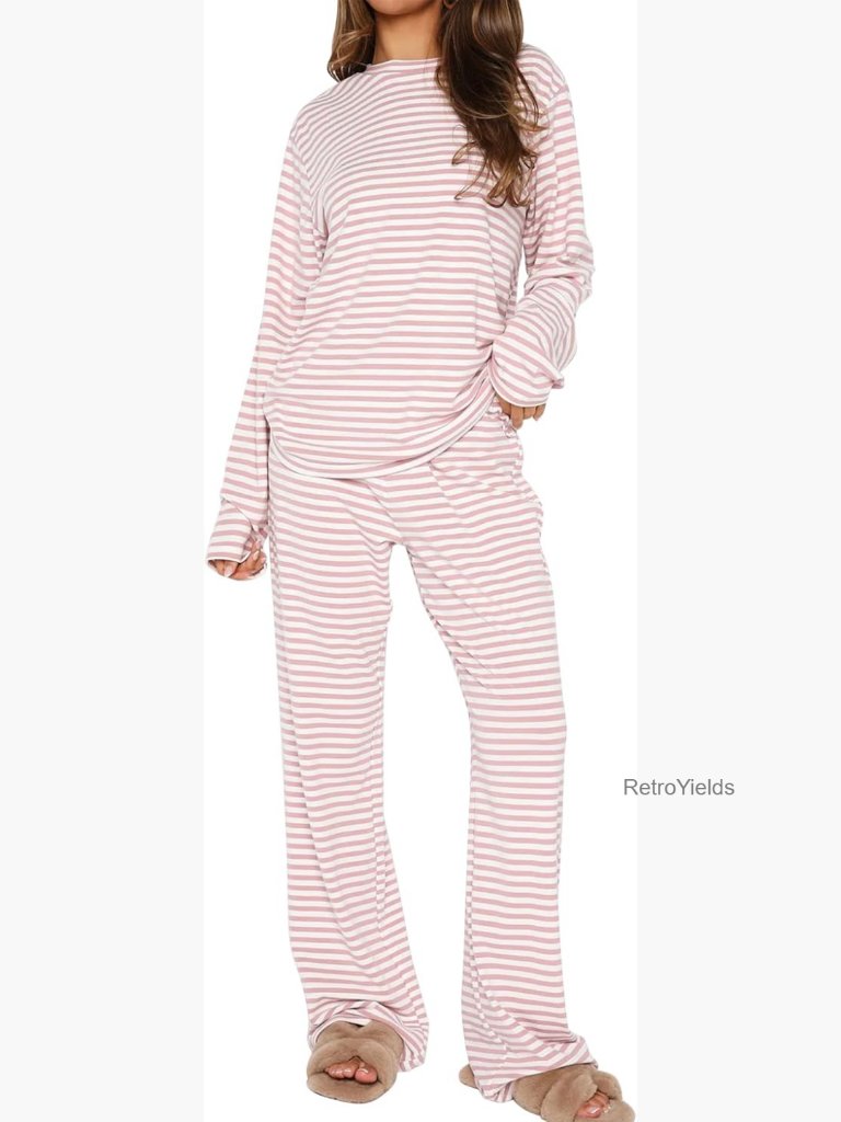 Striped 2 Piece Lounge Set Long Sleeve Tee Wide Leg Pants Pajama Set